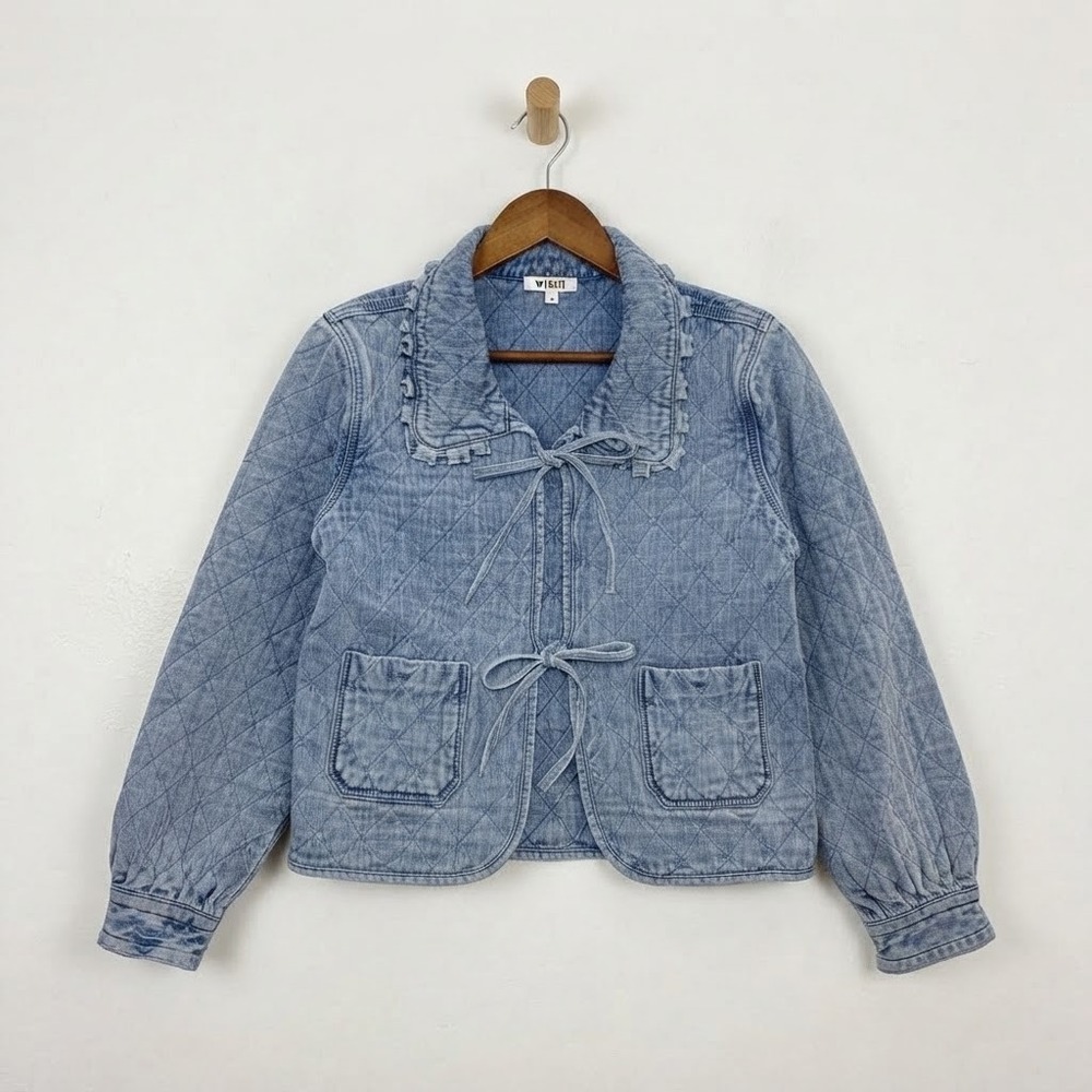 Wishlist Quilted Denim Tie-Front Jacket M Soft Girl Ruffle Prairie Cottagecore